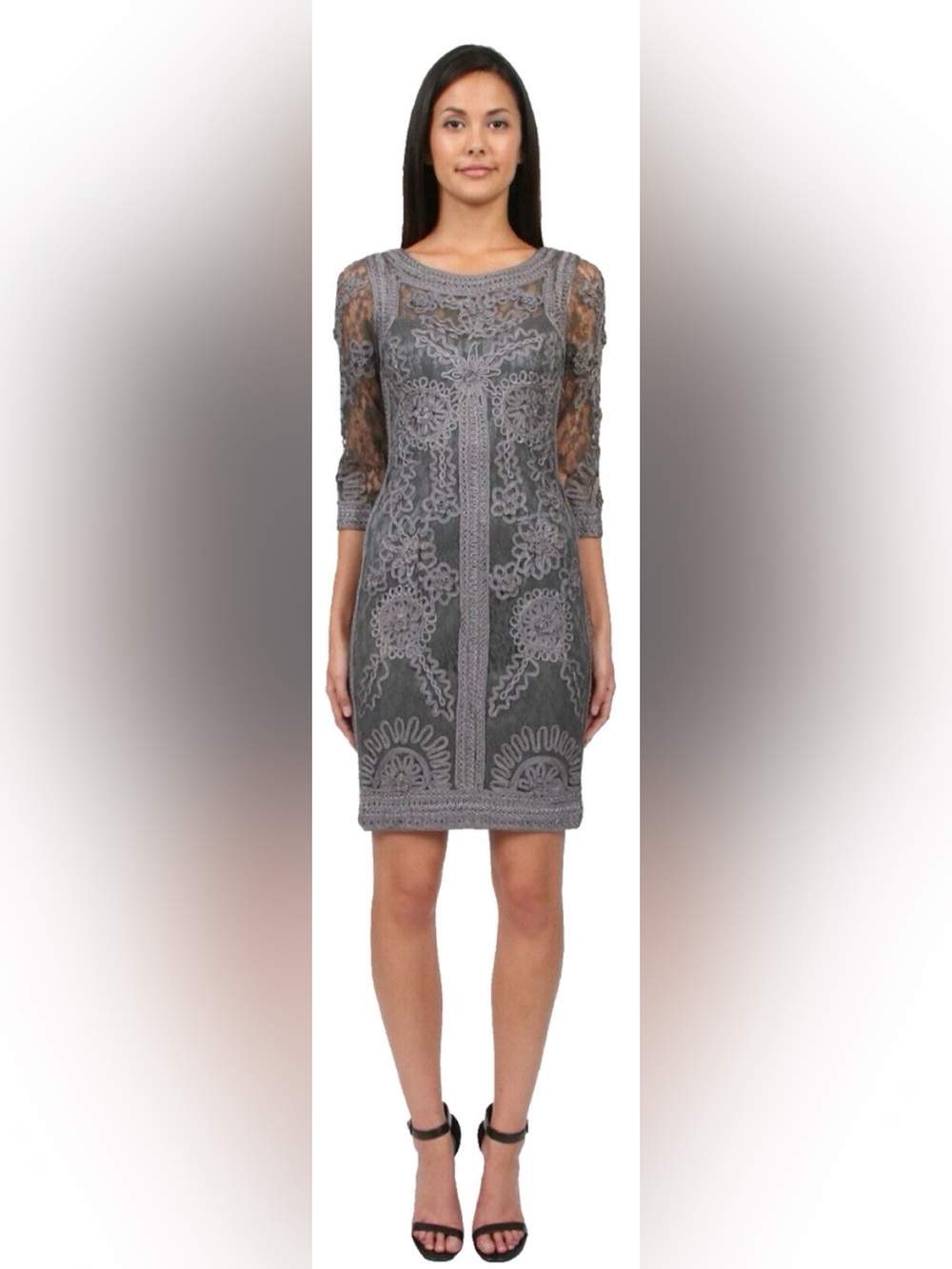 Sue Wong Nocturne Gray Lace Soutache Ribbon Illusion Cocktail Dress Size 8